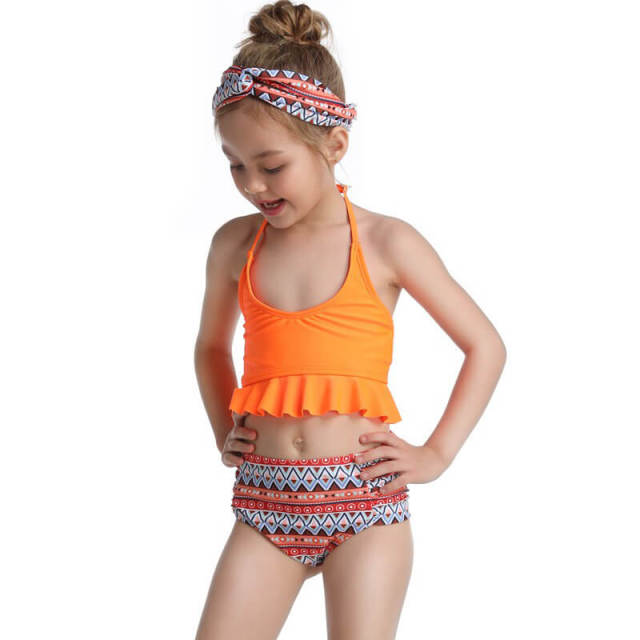 OOVOV Girls Swimsuit High Waisted Printing Bathing Suit Halter Neck Ruffle Bikini Swimwear