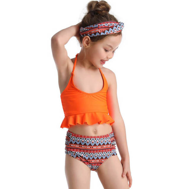 OOVOV Girls Swimsuit High Waisted Printing Bathing Suit Halter Neck Ruffle Bikini Swimwear