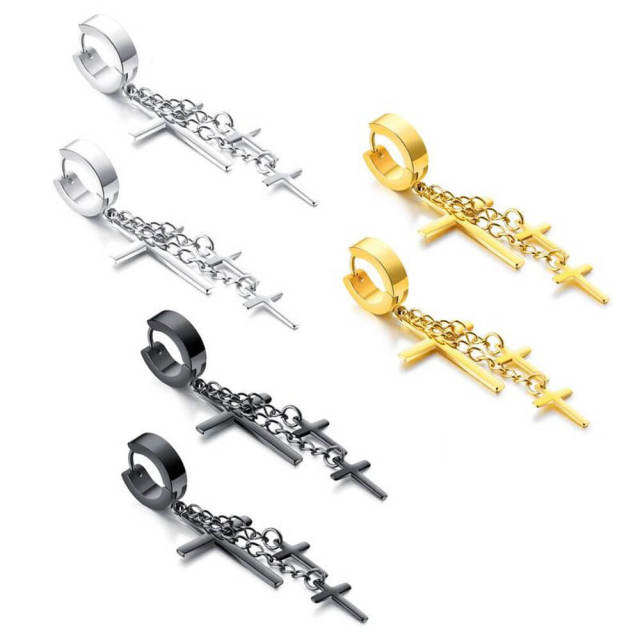 Mens Earrings Titanium Steel Cross Earrings Hip Hop Chain Earrings One Pair