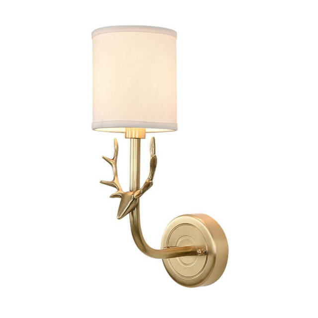 OOVOV Copper Wall Lamp American Antlers Wall Lights with Fabric Lampshade for Living Room Bedroom Balcony Corridor Wall Sconce