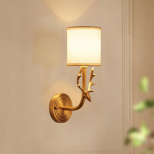 OOVOV Copper Wall Lamp American Antlers Wall Lights with Fabric Lampshade for Living Room Bedroom Balcony Corridor Wall Sconce