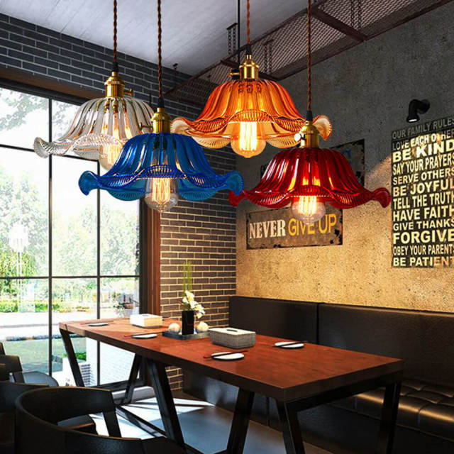 OOVOV Loft Stained Glass Flower Chandelier Retro Industrial Style Pendant Lights For Bar Cafe Dining Room Corridor Balcony