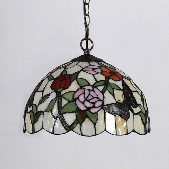OOVOV Tiffany Glass Flower Pendant Lamp Retro Restaurant Cafe Bar Balcony Aisle Pendant Light Chandelier