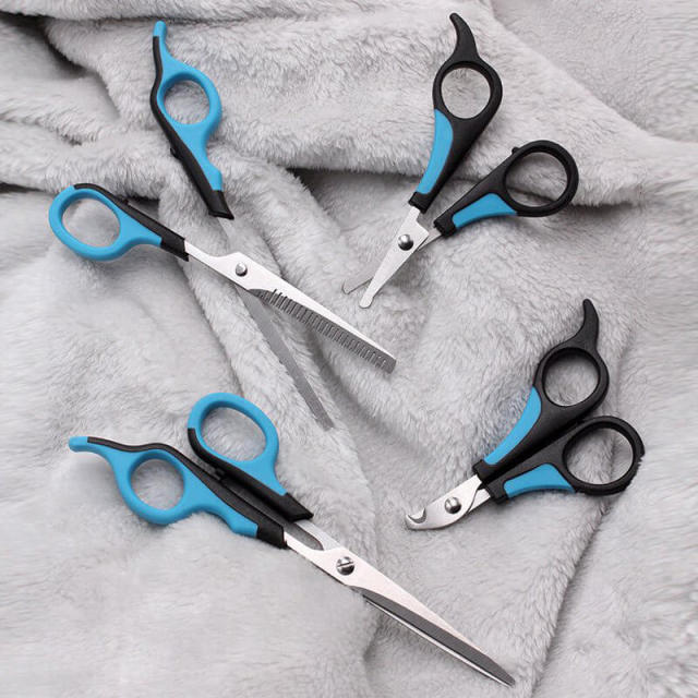 OOVOV Pet Grooming Scissors,5-Piece Set Rounded Tip Thinning Cat and Dog Scissors Comb Set,Curved Safety Dog Face Grooming Scissors Round End for Pet