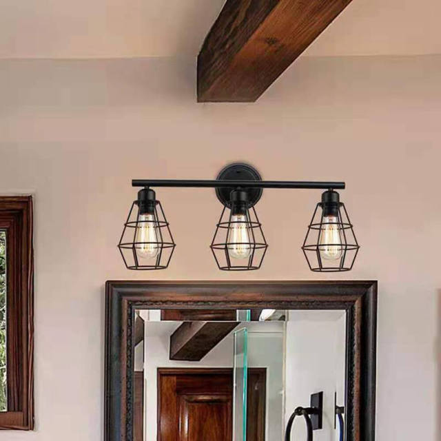 OOVOV 3-Lights Bathroom Light Fixture - Industrial Vanity Light Fixture with Black Metal Cage Farmhouse Vanity Wall Sconce for Mirror Cabinets Vanity