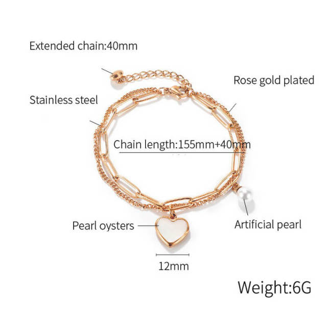 OOVOV Bracelets for Women Stainless Steel Heart and Pearl Bracelets Dainty Adjustable Link Bracelets for Teenage Girls Womens