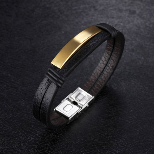 Bangle Bracelet for Men Titanium Steel Leather Bracelet Bangle Jewelry Black