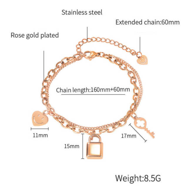 OOVOV Stainless Steel Bracelets for Women Lock and Key Bracelets Dainty Two-layer Adjustable Link Bracelets for Teenage Girls