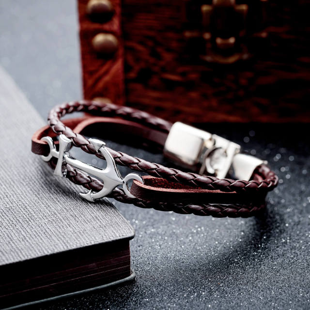 OOVOV Bracelet for Men Sturdy Leather Weave Bracelet Multilayer Vintage Anchor Bracelet Wrap Cuff