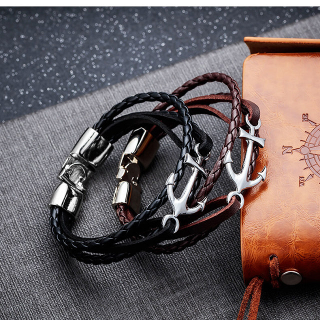 OOVOV Bracelet for Men Sturdy Leather Weave Bracelet Multilayer Vintage Anchor Bracelet Wrap Cuff