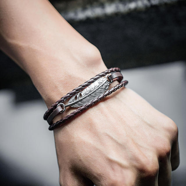 OOVOV Mens Retro Leather Bracelet Multi-layer Woven Leather Bracelet with Stainless Steel Wing Wristband Punk Personality Bracelets