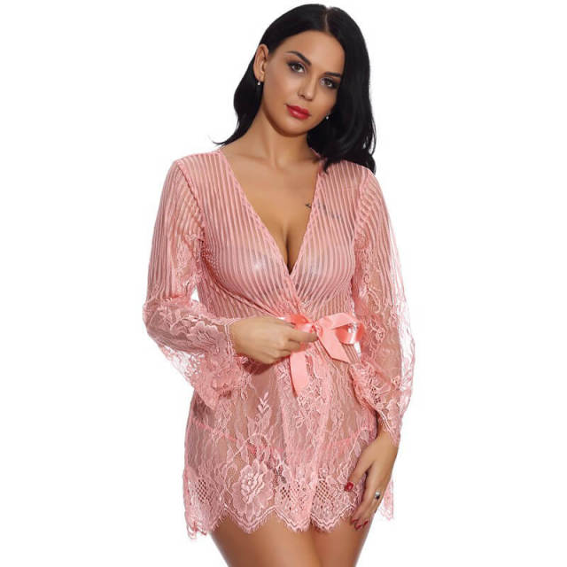 OOVOV Women Sexy Lingerie Robe Lace Bathrobes Sexy Nightgowns Babydoll Stripe V-Neck Nighty Sleepwear Satin Tie up