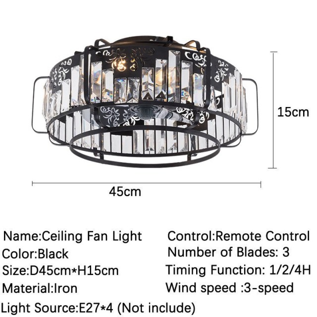 Ceiling Fan with Lights Industrial Crystal Ceiling Fans Light with Remote Control Black