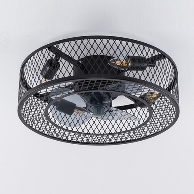 OOVOV Ceiling Fan Light With Black Round Cage Lampshade - Industrial Style - 18 inch with Remote