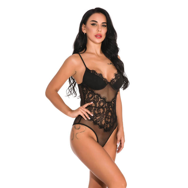 OOVOV Women Sexy Eyelash Lace Lingerie Bodysuit One Piece Sheer Mesh Teddy Babydoll