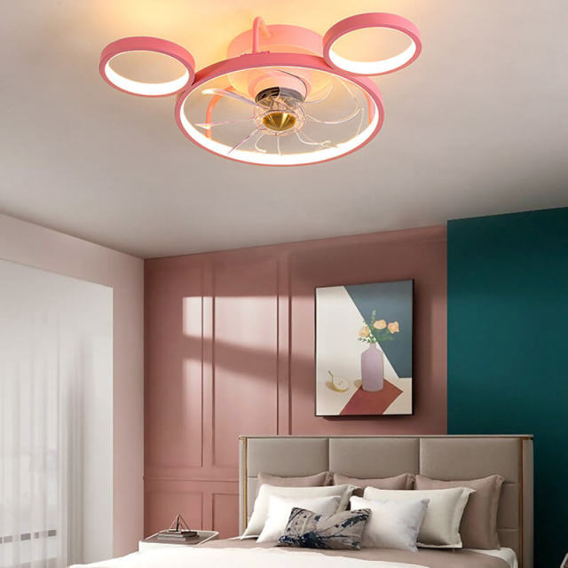 LED Ceiling Fan with Lights Cartoon Bear Shape Pink Ceiling Fans Light with Remote Control