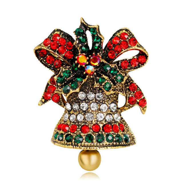 OOVOV Christmas Bell Brooches For Women Vintage Sparkling Inlaid Zircon Christmas Brooch Pin Green Red Jewelry Accessories
