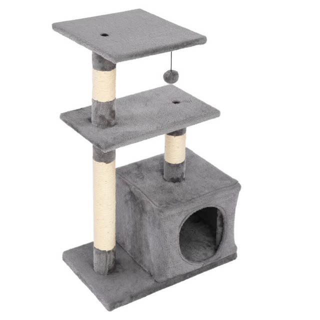 OOVOV 32&quot; Cat Tree Stand House with Scratching Posts Gray Three-layer Soft Flannel Cat Climbing Frame