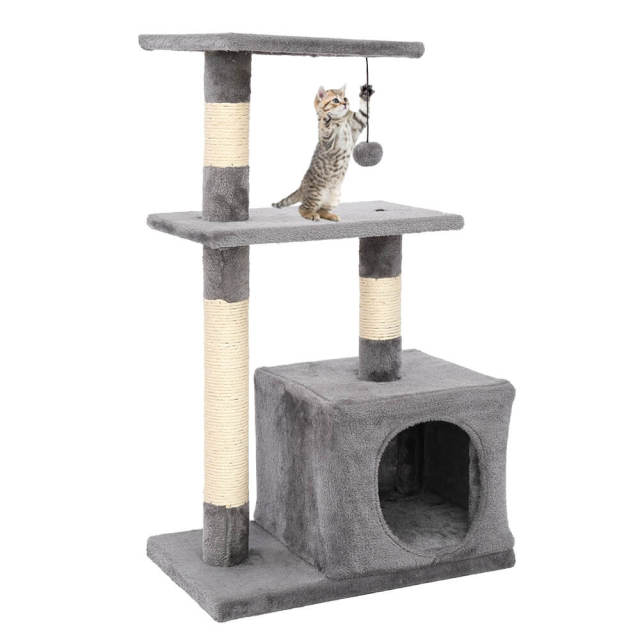 OOVOV 32&quot; Cat Tree Stand House with Scratching Posts Gray Three-layer Soft Flannel Cat Climbing Frame