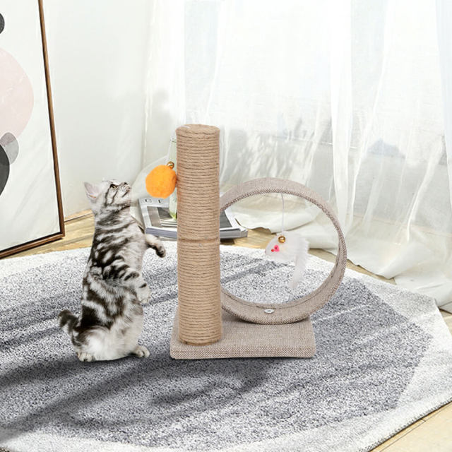 OOVOV 13 Inch Cat Tree Tower with Linen Circular Ring Scratching Post and Playful Toys