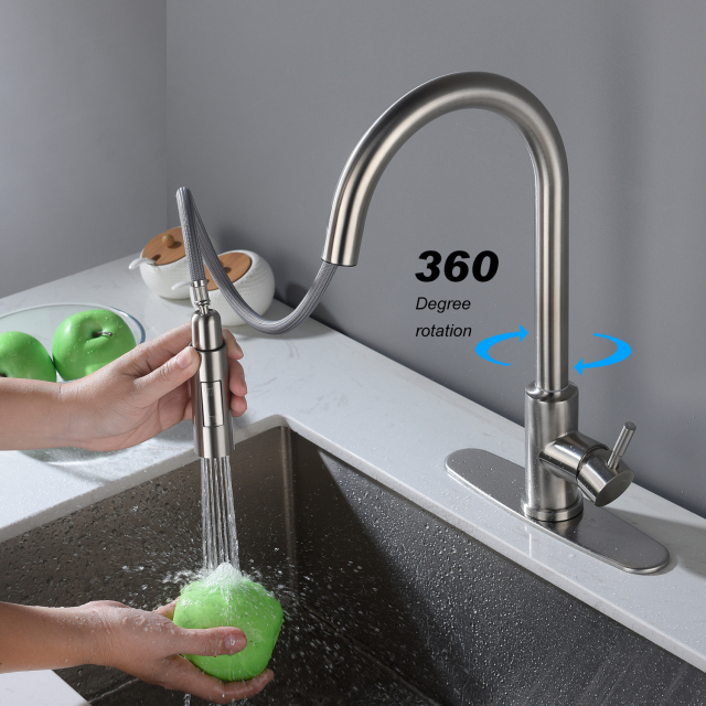 OOVOV Kitchen Faucet 360 Degree Swivel Kitchen Faucet High Arc Pre-Rinse Brass Kitchen Faucet with Deck Plate Kitchen Faucet with Pull Down Sprayer
