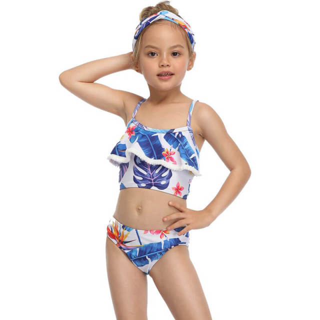 OOVOV Cute Girls Print Swimsuits,Children Ruffle Hairball Sling Two Piece Summer Beach Swimwear Bathing Suits