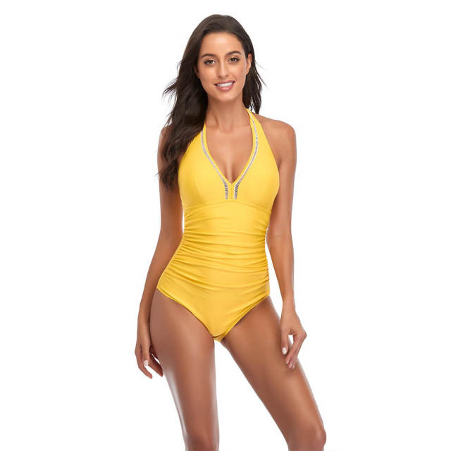 OOVOV Sexy V-neck Women One Piece Swimsuit  Solid Color Tie Up Halter Swimsuits Tummy Control Ruched Bathing Suits