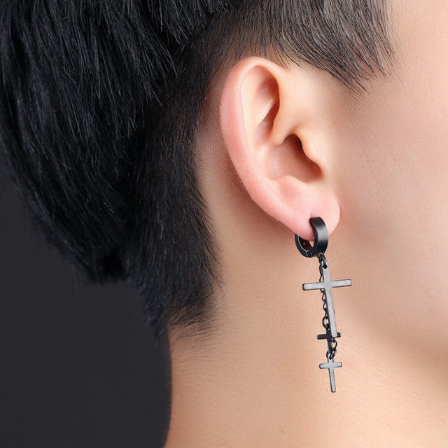 Mens Earrings Titanium Steel Cross Earrings Hip Hop Chain Earrings One Pair