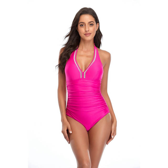 OOVOV Sexy V-neck Women One Piece Swimsuit  Solid Color Tie Up Halter Swimsuits Tummy Control Ruched Bathing Suits