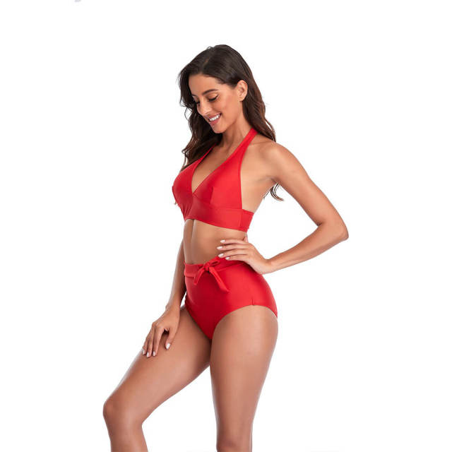 OOVOV Two Piece Swimsuit For Women,High Waist Swimsuits Adjustable Halter Bikini Sets Solid Color Swimwear