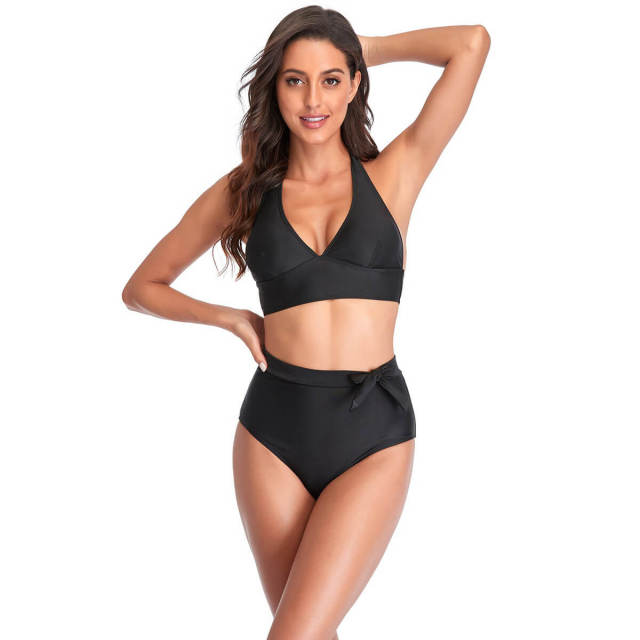 OOVOV Two Piece Swimsuit For Women,High Waist Swimsuits Adjustable Halter Bikini Sets Solid Color Swimwear