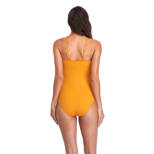 OOVOV Women's Solid Color V Neck Tie Up One Piece Swimsuit S-XXL