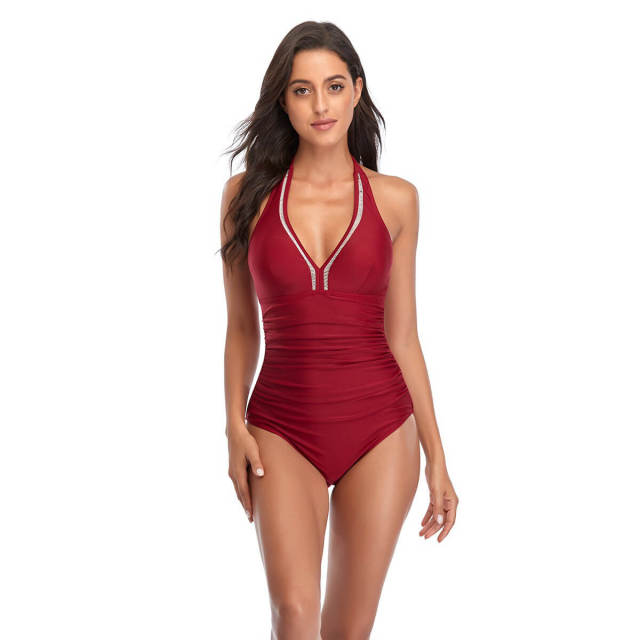 OOVOV Sexy V-neck Women One Piece Swimsuit  Solid Color Tie Up Halter Swimsuits Tummy Control Ruched Bathing Suits