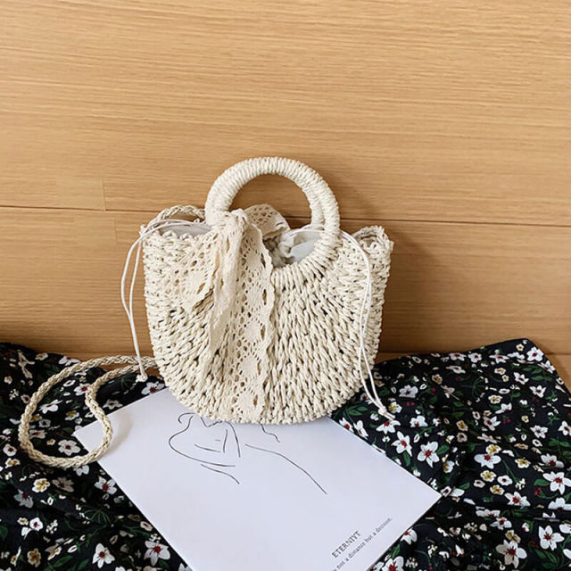 OOVOV Women Straw Shoulder Bag Summer Beach Lace Streamer Tote Bag Handmade Woven Handbag