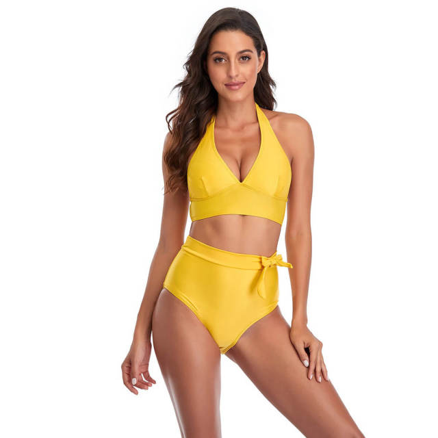 OOVOV Two Piece Swimsuit For Women,High Waist Swimsuits Adjustable Halter Bikini Sets Solid Color Swimwear