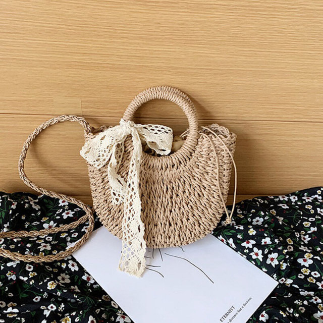 OOVOV Women Straw Shoulder Bag Summer Beach Lace Streamer Tote Bag Handmade Woven Handbag