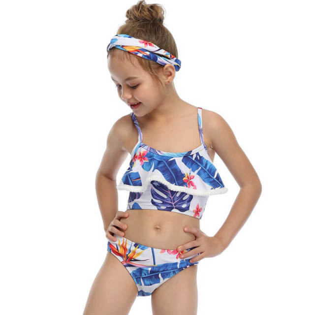 OOVOV Cute Girls Print Swimsuits,Children Ruffle Hairball Sling Two Piece Summer Beach Swimwear Bathing Suits