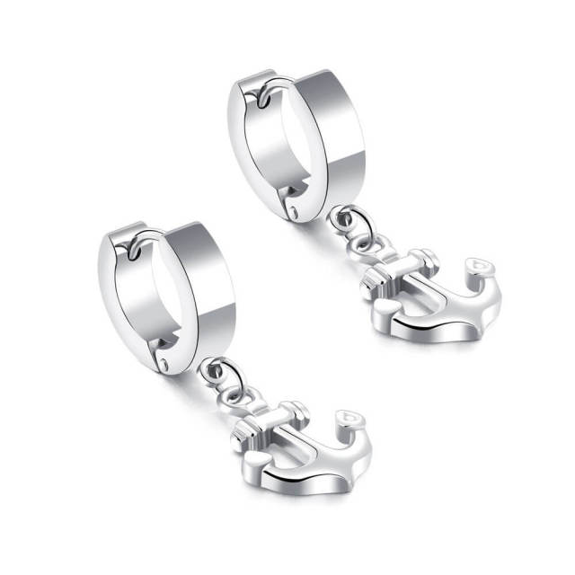 OOVOV Anchor Earrings,Stainless Steel Dangle Huggie Hinged Hoop Earrings Drop Piercing Earrings for Men Women One Pair