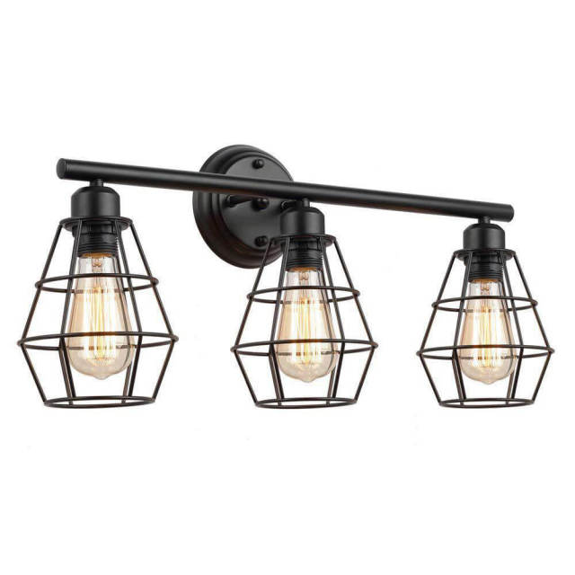 OOVOV 3-Lights Bathroom Light Fixture - Industrial Vanity Light Fixture with Black Metal Cage Farmhouse Vanity Wall Sconce for Mirror Cabinets Vanity