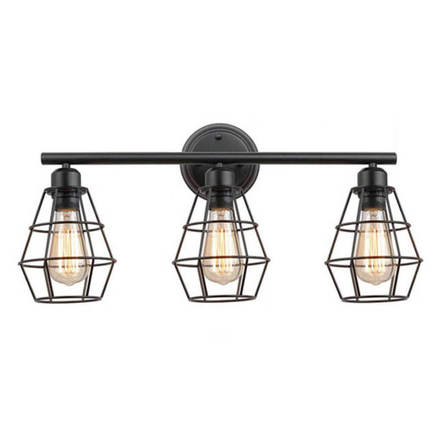 OOVOV 3-Lights Bathroom Light Fixture - Industrial Vanity Light Fixture with Black Metal Cage Farmhouse Vanity Wall Sconce for Mirror Cabinets Vanity