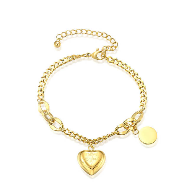 OOVOV Heart Bracelets,Beind for Love Engraved Chains Bracelet for Women Teen Girls,Dainty Link Chain Bracelet Heart Pendant