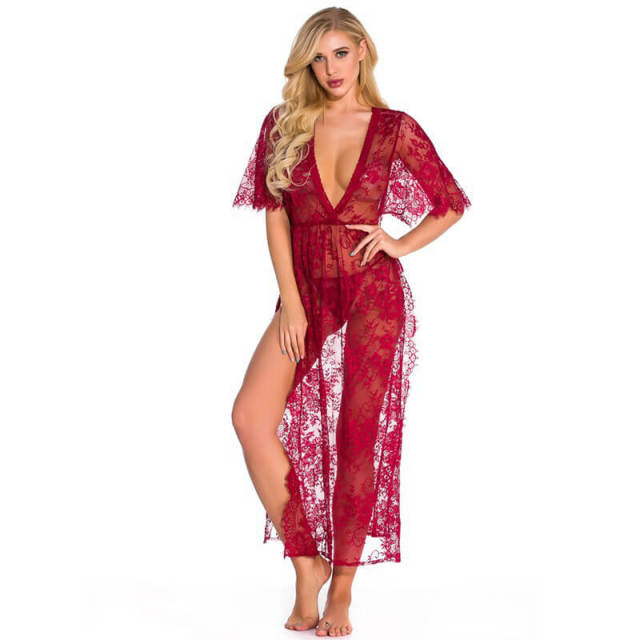 OOVOV Women Lace Babydoll Dress Nightwear Sexy V-neck Side Split Long Gown Lingerie with Thong