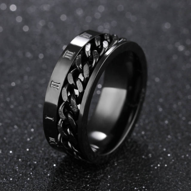 OOVOV 8mm Ring for Men Titanium Stainless Steel Roman numerals Chain Spinner Rings Silver/Black/Gold