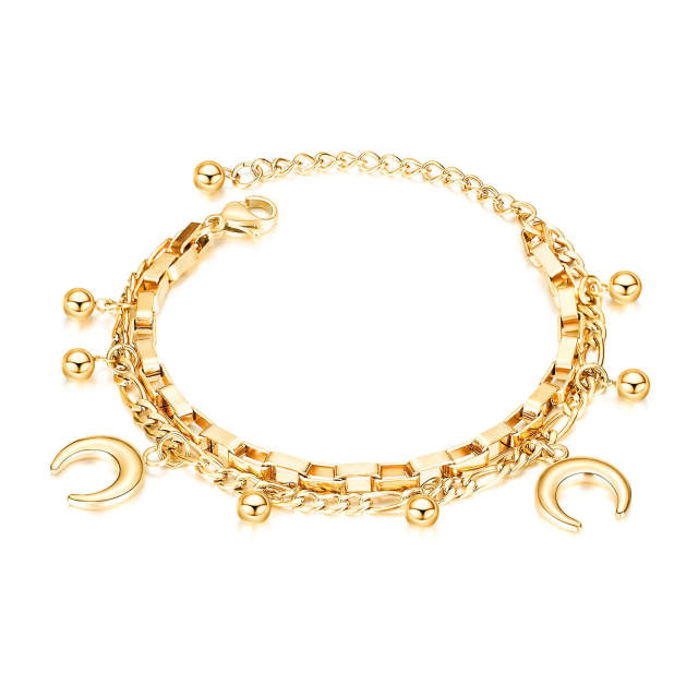 OOVOV Stainless Steel Heart Charm Chain Bracelets Coin Moon Strand Bracelet Adjustable Size for Women Girl