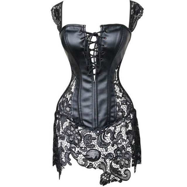 OOVOV Women Faux Leather Corset Set Steampunk Punk Rock Retro Goth Overbust Steel Bustier with Skirt