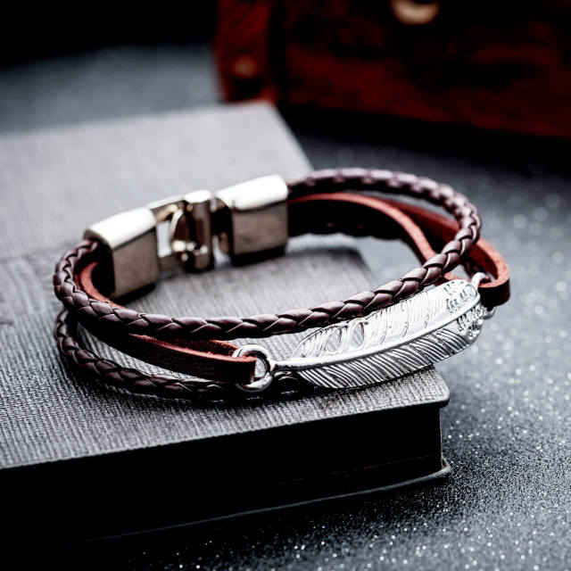 OOVOV Mens Retro Leather Bracelet Multi-layer Woven Leather Bracelet with Stainless Steel Wing Wristband Punk Personality Bracelets