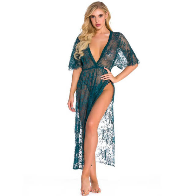 OOVOV Women Lace Babydoll Dress Nightwear Sexy V-neck Side Split Long Gown Lingerie with Thong