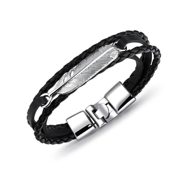 OOVOV Mens Retro Leather Bracelet Multi-layer Woven Leather Bracelet with Stainless Steel Wing Wristband Punk Personality Bracelets