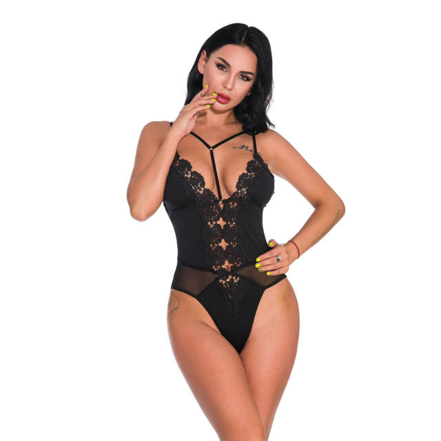 OOVOV See Through Lingerie V-Neck Lace Babydoll Sexy Lingerie Women One Piece Bodysuit