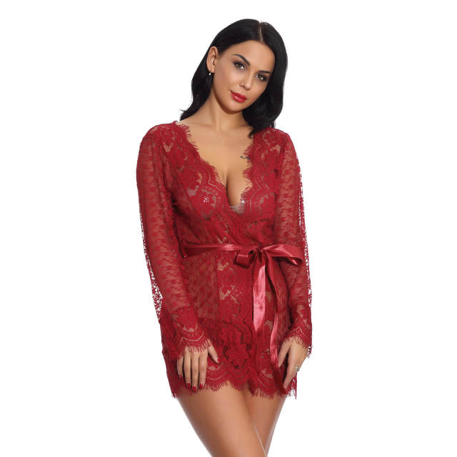 OOVOV Sexy Lingerie Robe For Women Long Sleeve Sheer Lace Bathrobes Sleepwear Babydoll Nightgowns